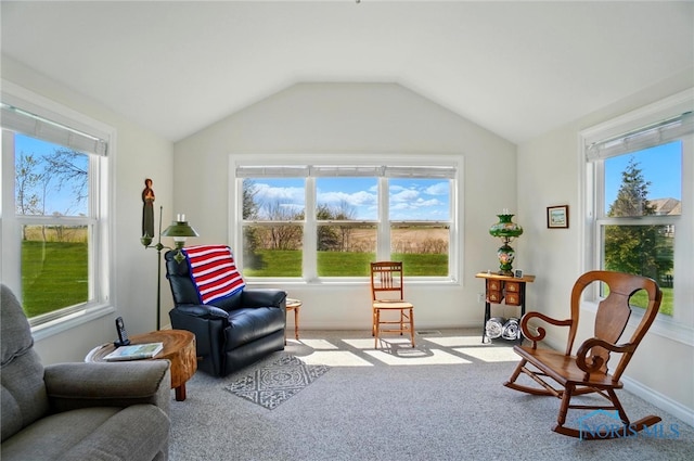 living area with lofted ceiling, baseboards, carpet floors, and a healthy amount of sunlight