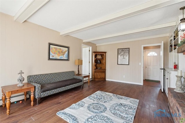 124 Miller Ave, Archbold, OH 43502 - living room featuring beam ceiling, a baseboard radiator, wood finished floors, and baseboards
