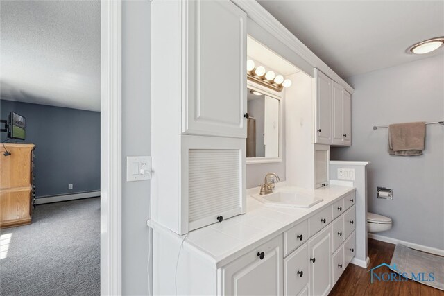 124 Miller Ave, Archbold, OH 43502 - bathroom featuring a baseboard radiator, baseboards, toilet, and vanity