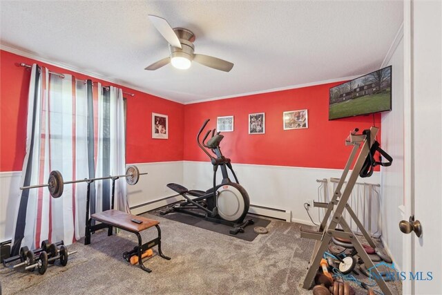 124 Miller Ave, Archbold, OH 43502 - exercise area with a ceiling fan, carpet flooring, crown molding, and a baseboard heating unit
