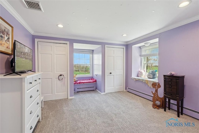 124 Miller Ave, Archbold, OH 43502 - bedroom featuring a baseboard radiator, crown molding, two closets, multiple windows, and light colored carpet