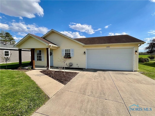 single story home featuring concrete driveway, a front yard, and a garage