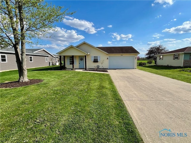 single story home featuring a front lawn, concrete driveway, a porch, and an attached garage