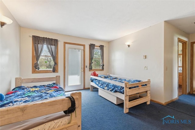 carpeted bedroom with baseboards and access to exterior