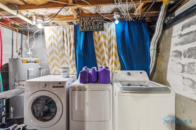 laundry room with laundry area, water heater, and washing machine and dryer