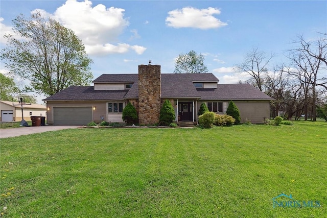 view of front of house featuring concrete driveway, a garage, a chimney, and a front lawn