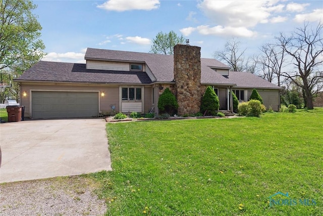 view of front facade with driveway, a chimney, roof with shingles, a garage, and a front lawn
