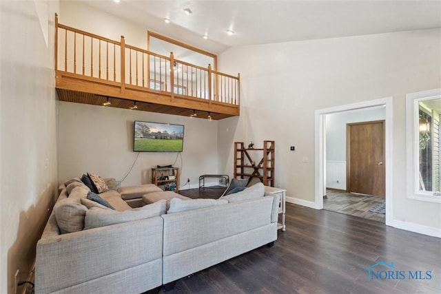 living area with baseboards, high vaulted ceiling, and wood finished floors