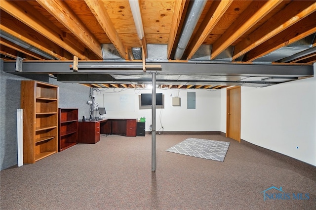 finished basement featuring carpet flooring and electric panel
