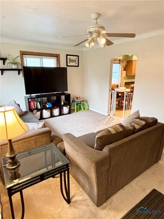 living area with ceiling fan, baseboards, carpet flooring, and arched walkways