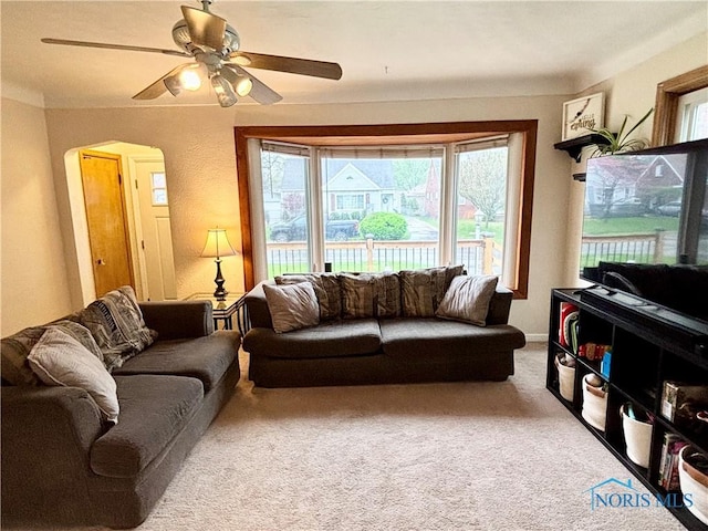 living room featuring ceiling fan, carpet flooring, and arched walkways