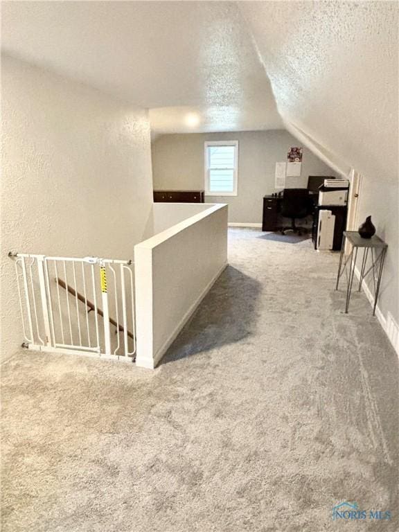 additional living space with a textured ceiling, vaulted ceiling, carpet floors, and baseboards