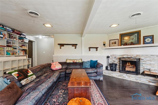 24203 W Reservation Line Rd, Curtice, OH 43412 - living room with visible vents, ornamental molding, wood finished floors, and a fireplace