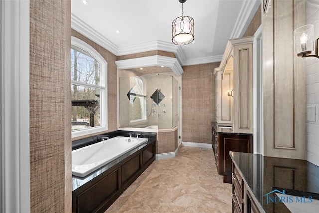 10915 Reed Rd, Monclova, OH 43542 - full bathroom with a bath, a shower stall, and crown molding
