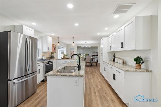 kitchen featuring appliances with stainless steel finishes, a sink, white cabinetry, visible vents, and a peninsula