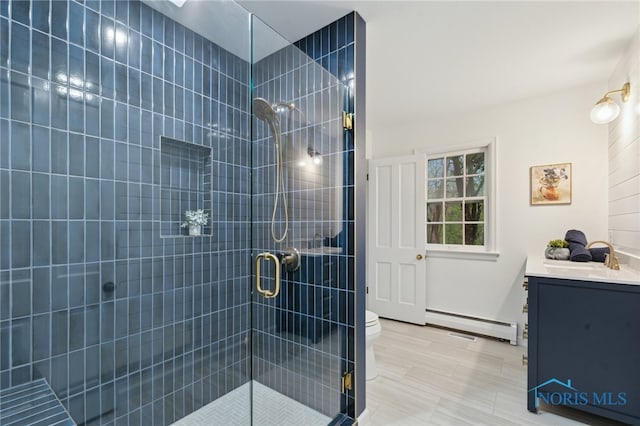 19788 Otsego Pike, Bowling Green, OH 43402 - full bath featuring a stall shower, toilet, vanity, and a baseboard radiator