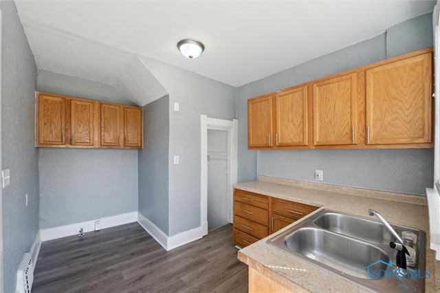kitchen with baseboards, light countertops, dark wood-type flooring, and a sink
