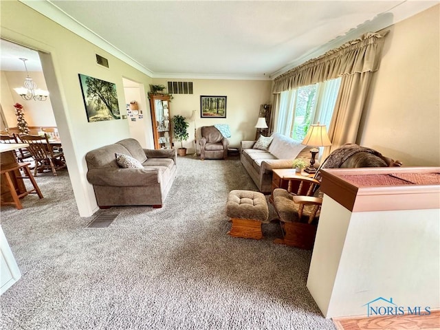 1883 Riverview Dr, Defiance, OH 43512 - living area with carpet floors, an inviting chandelier, ornamental molding, and visible vents