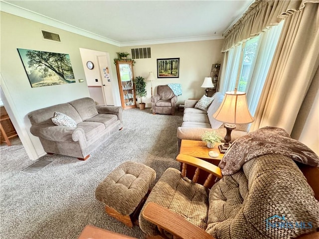 1883 Riverview Dr, Defiance, OH 43512 - living room with a healthy amount of sunlight, ornamental molding, carpet, and visible vents