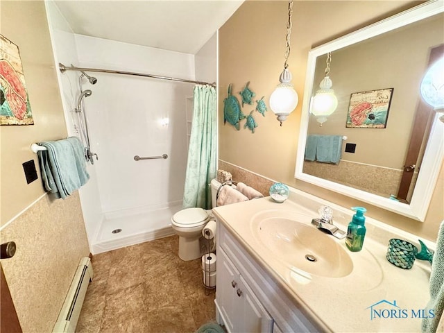 1883 Riverview Dr, Defiance, OH 43512 - full bath with a shower with curtain, baseboard heating, vanity, and toilet