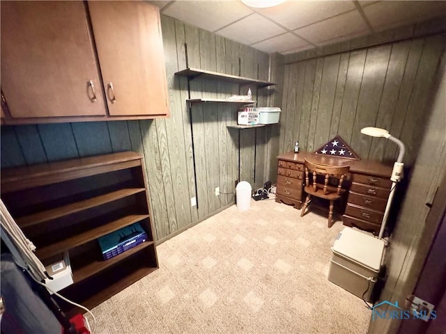 1883 Riverview Dr, Defiance, OH 43512 - office area featuring wooden walls, carpet flooring, and a drop ceiling