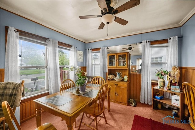 4532 290th St, Toledo, OH 43611 - dining space with a ceiling fan, ornamental molding, light carpet, and a wainscoted wall