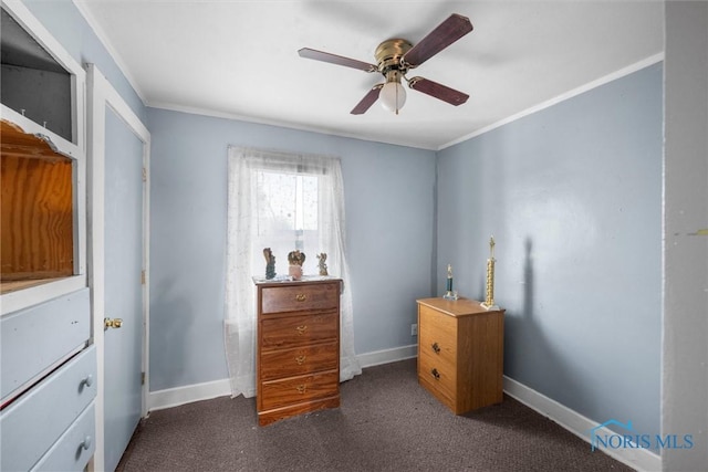 4532 290th St, Toledo, OH 43611 - bedroom with carpet floors, ornamental molding, baseboards, and ceiling fan
