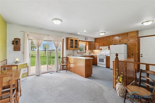kitchen featuring carpet flooring, under cabinet range hood, glass insert cabinets, a peninsula, and white appliances