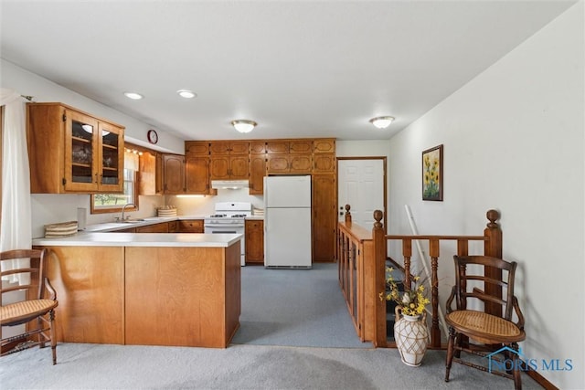 kitchen with a sink, light colored carpet, under cabinet range hood, white appliances, and a peninsula