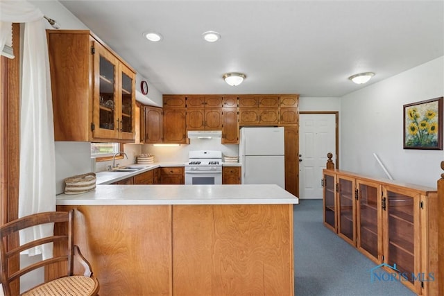 kitchen featuring white appliances, glass insert cabinets, carpet, range hood, and a sink