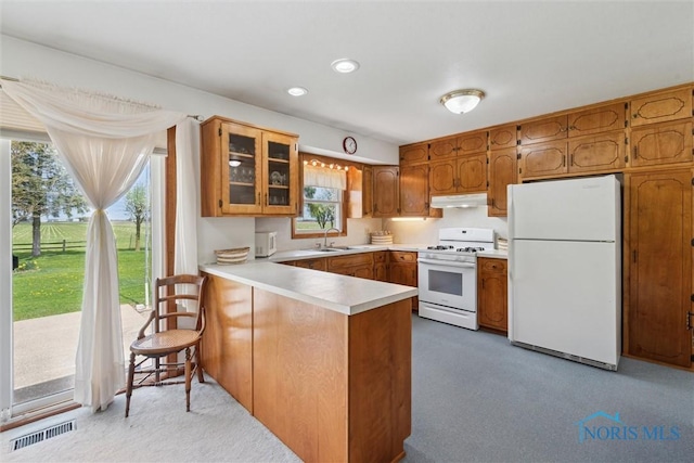 kitchen with a sink, visible vents, under cabinet range hood, white appliances, and a peninsula