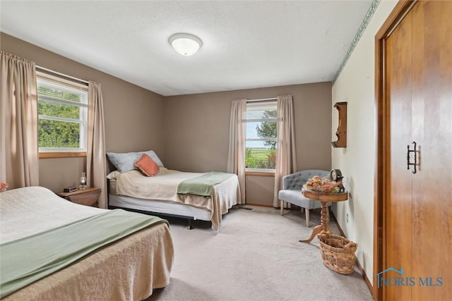 carpeted bedroom with a textured ceiling and multiple windows