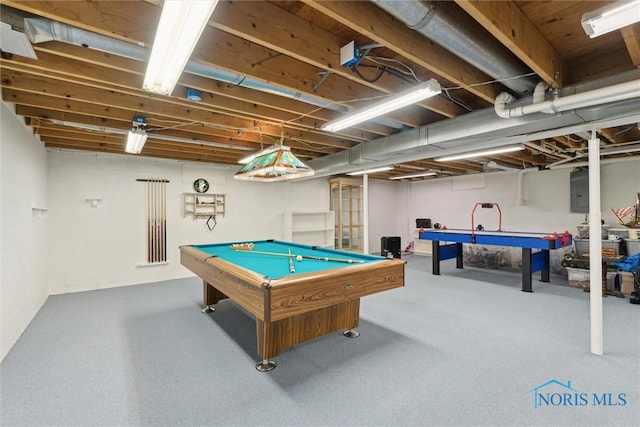 rec room with carpet, billiards, and electric panel