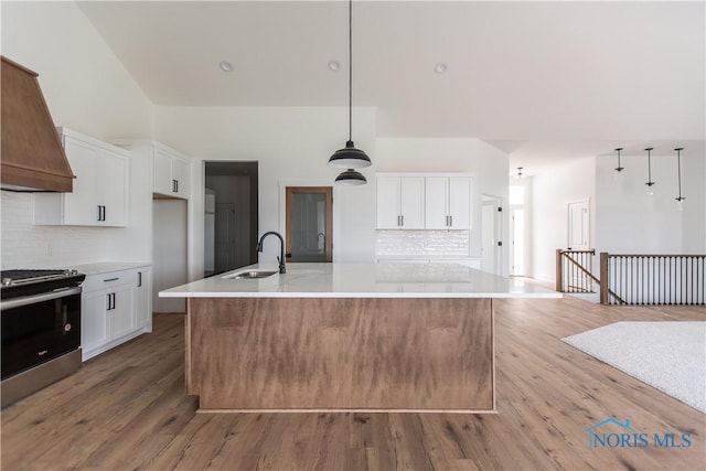 kitchen featuring a sink, decorative backsplash, stainless steel range with gas cooktop, white cabinetry, and premium range hood