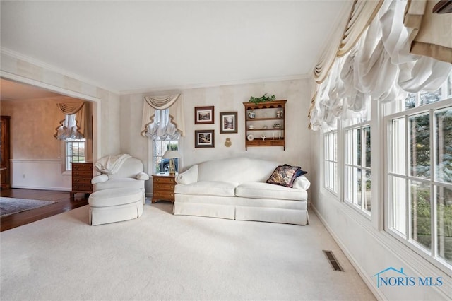 living area featuring visible vents, plenty of natural light, crown molding, and carpet floors