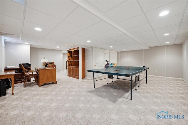 rec room with baseboards, recessed lighting, carpet flooring, and a paneled ceiling