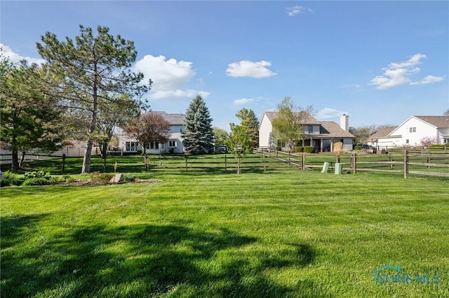 view of home's community with a yard and fence