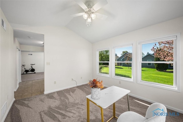 8 Zachary Cir, Waterville, OH 43566 - living area featuring carpet floors, a ceiling fan, baseboards, and vaulted ceiling