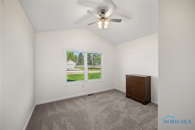 8 Zachary Cir, Waterville, OH 43566 - carpeted empty room with ceiling fan, visible vents, baseboards, and vaulted ceiling