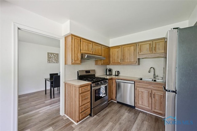 kitchen featuring appliances with stainless steel finishes, a sink, light wood-style floors, light countertops, and under cabinet range hood