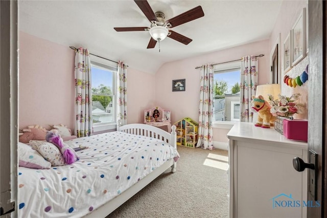 1805 Heatherdowns Blvd, Toledo, OH 43614 - bedroom with multiple windows, carpet floors, lofted ceiling, and ceiling fan