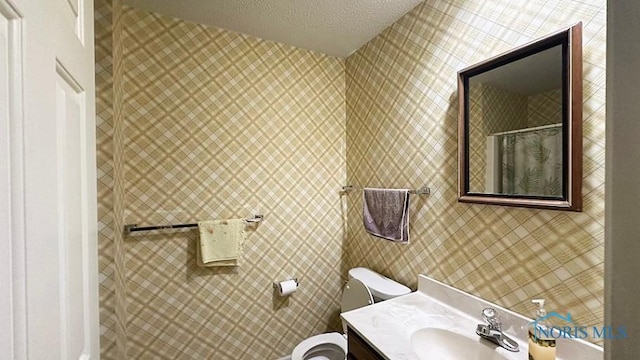 full bathroom featuring a textured ceiling, toilet, a shower with curtain, and vanity
