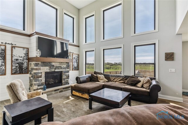 living area with a stone fireplace, baseboards, and a towering ceiling
