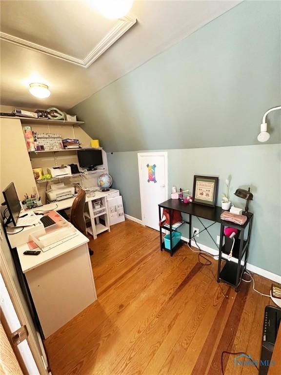 399 Melmore St, Tiffin, OH 44883 - office featuring baseboards, wood finished floors, and lofted ceiling