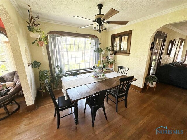399 Melmore St, Tiffin, OH 44883 - dining room with wood-type flooring, a textured wall, a textured ceiling, ornamental molding, and arched walkways