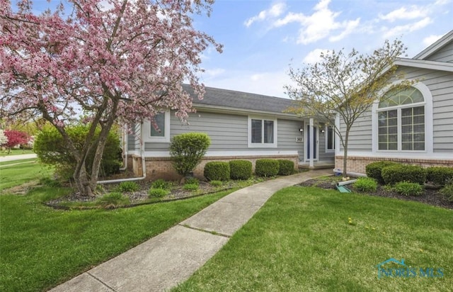 ranch-style home featuring a front lawn and brick siding
