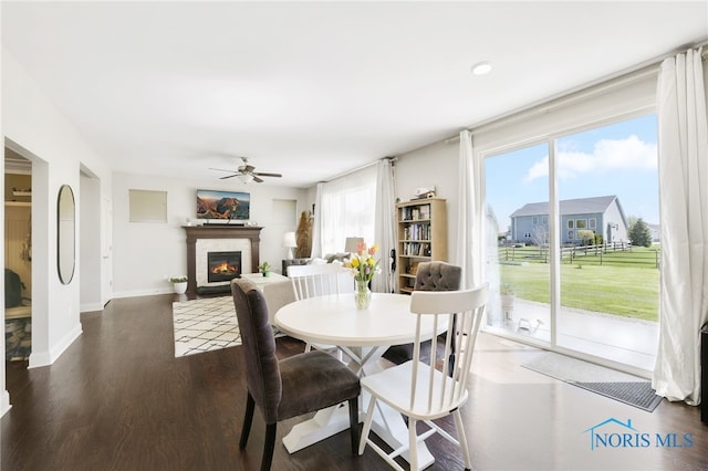dining room with baseboards, a glass covered fireplace, ceiling fan, and wood finished floors