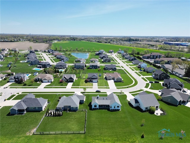 birds eye view of property with a water view and a residential view