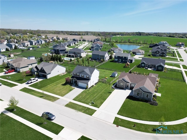 bird's eye view featuring a water view and a residential view