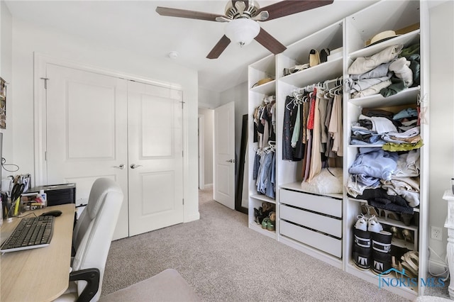 carpeted office with ceiling fan